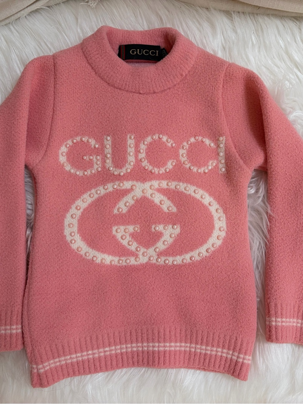 Gucci Pink Pearl-Trim Logo Crewneck Sweater
